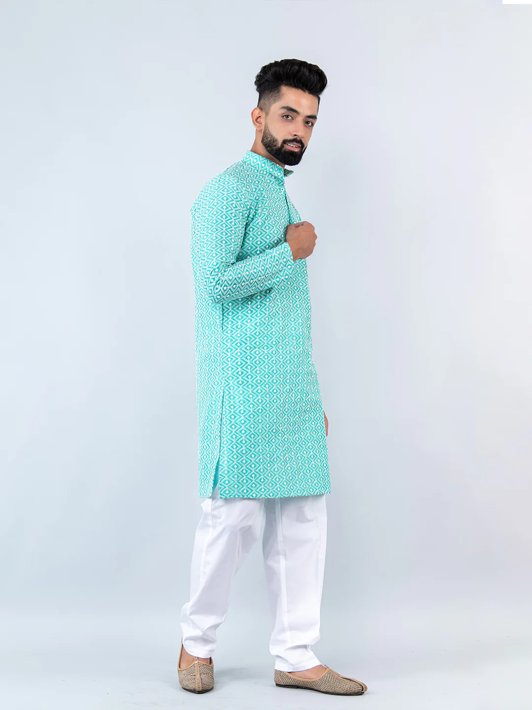 BORCELLE THE SKY BLUE SCHIFFLI EMBRODERY WORK MENS KURTA WITH PAJAMA