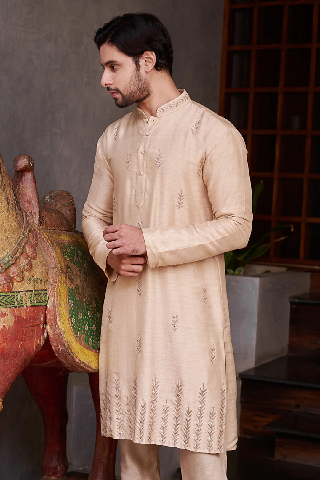 BORCELLE GOLD LEAF DAMAN MOTIF EMBROIDERED KURTA SET FOR MEN