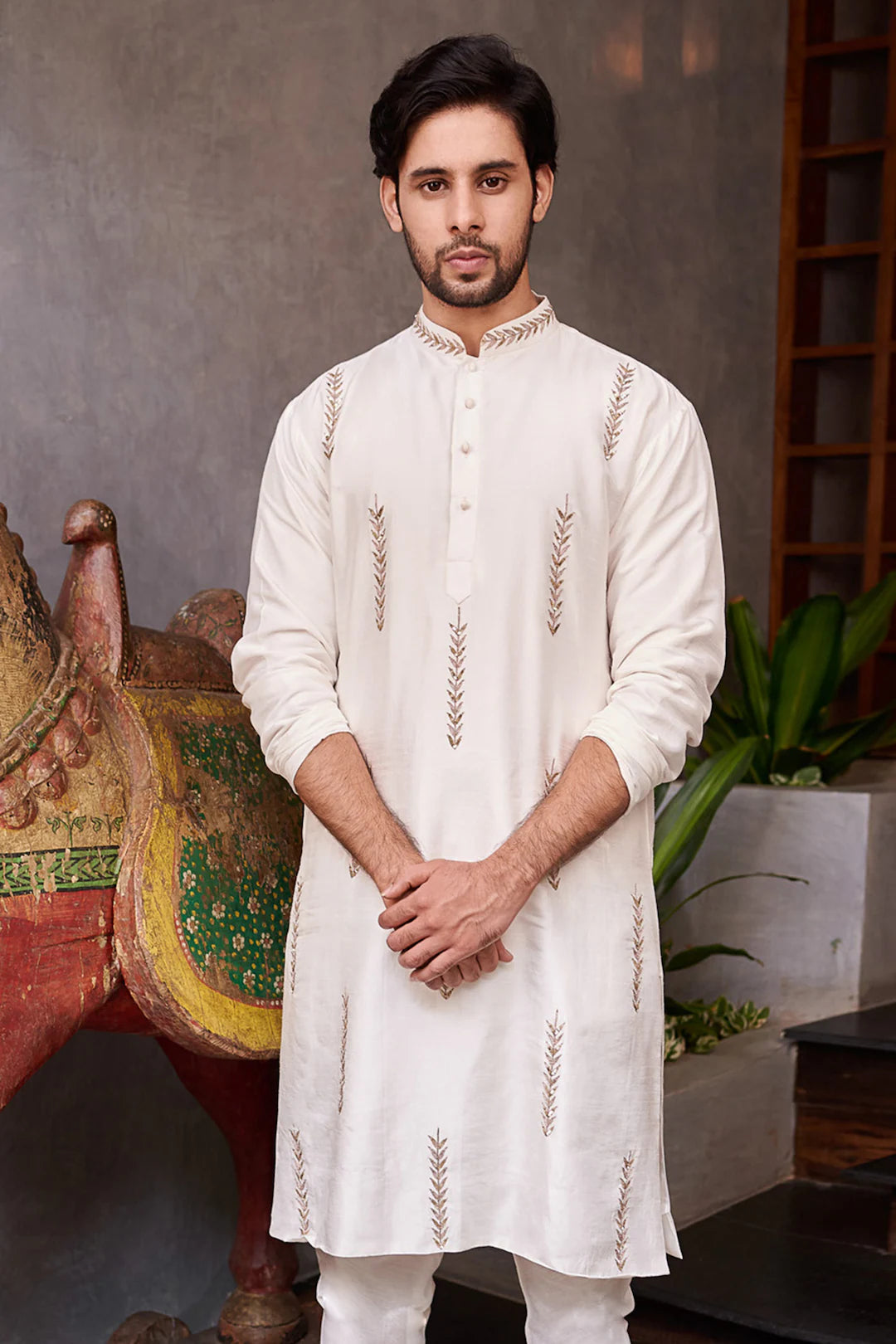 BORCELLE WHITE LEAF MOTIF EMBROIDERED KURTA SET FOR MEN