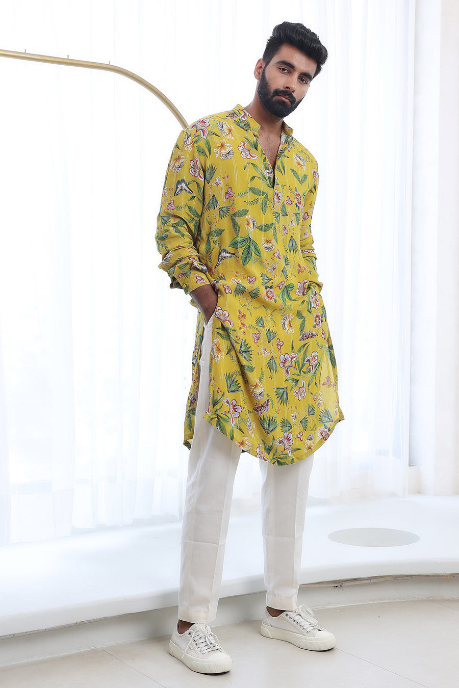 BORCELLE MUSTARD YELLOW FLORAL PRINTED KURTA WITH PAJAMA FOR MEN