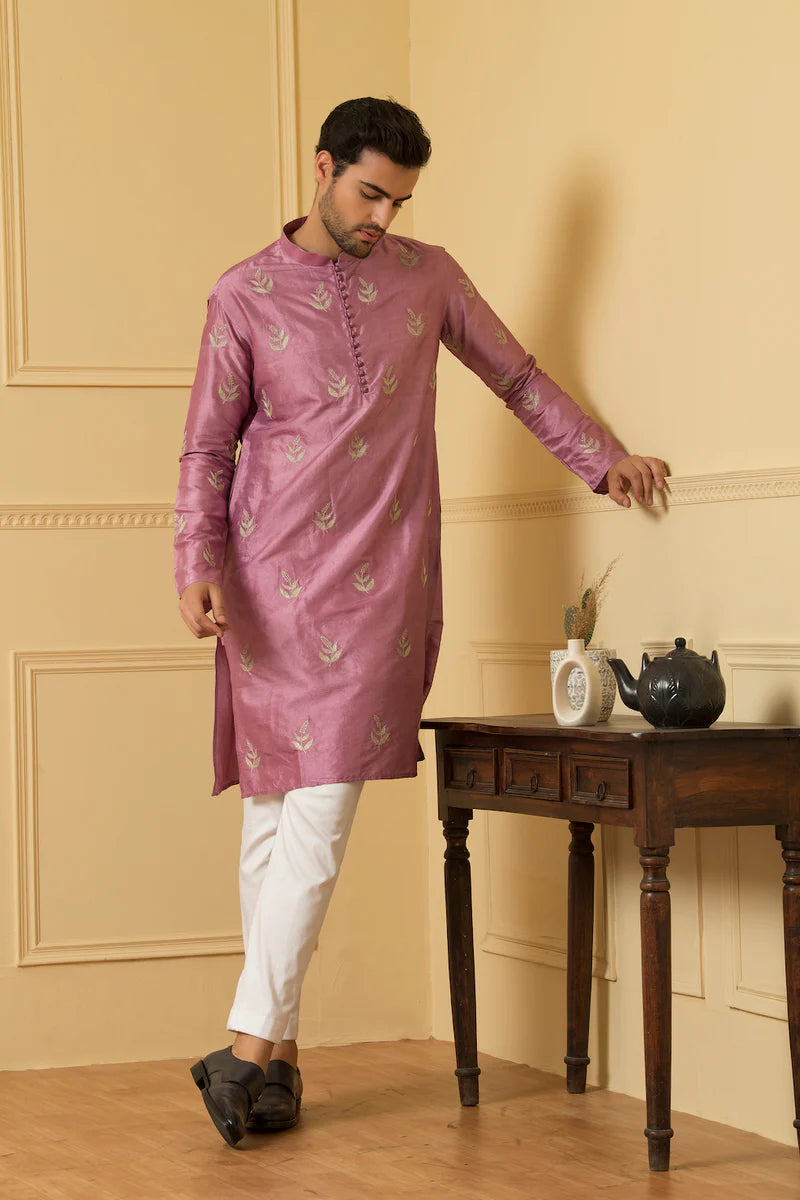 BORCELLE PINK EMBROIDERED ZARI WORK KURTA WITH PAJAMA