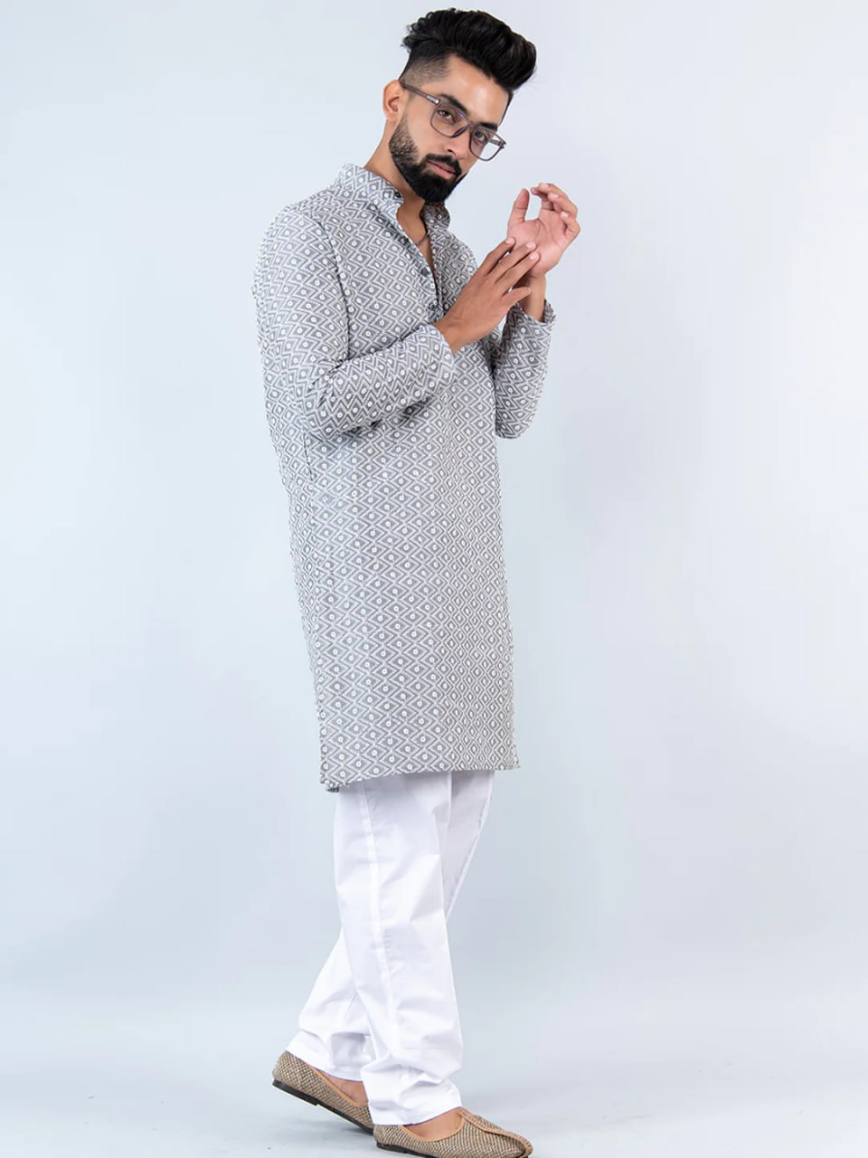 BORCELLE THE GRAY  SCHIFFLI EMBRODERY WORK MENS KURTA WITH PAJAMA