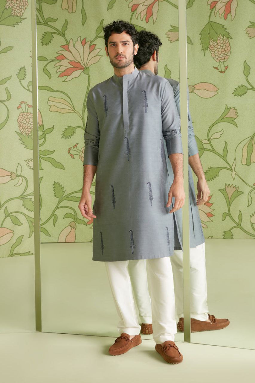 BORCELLE GRAY TREE EMBROIDERED MEN'S KURTA WITH PAJAMA SET