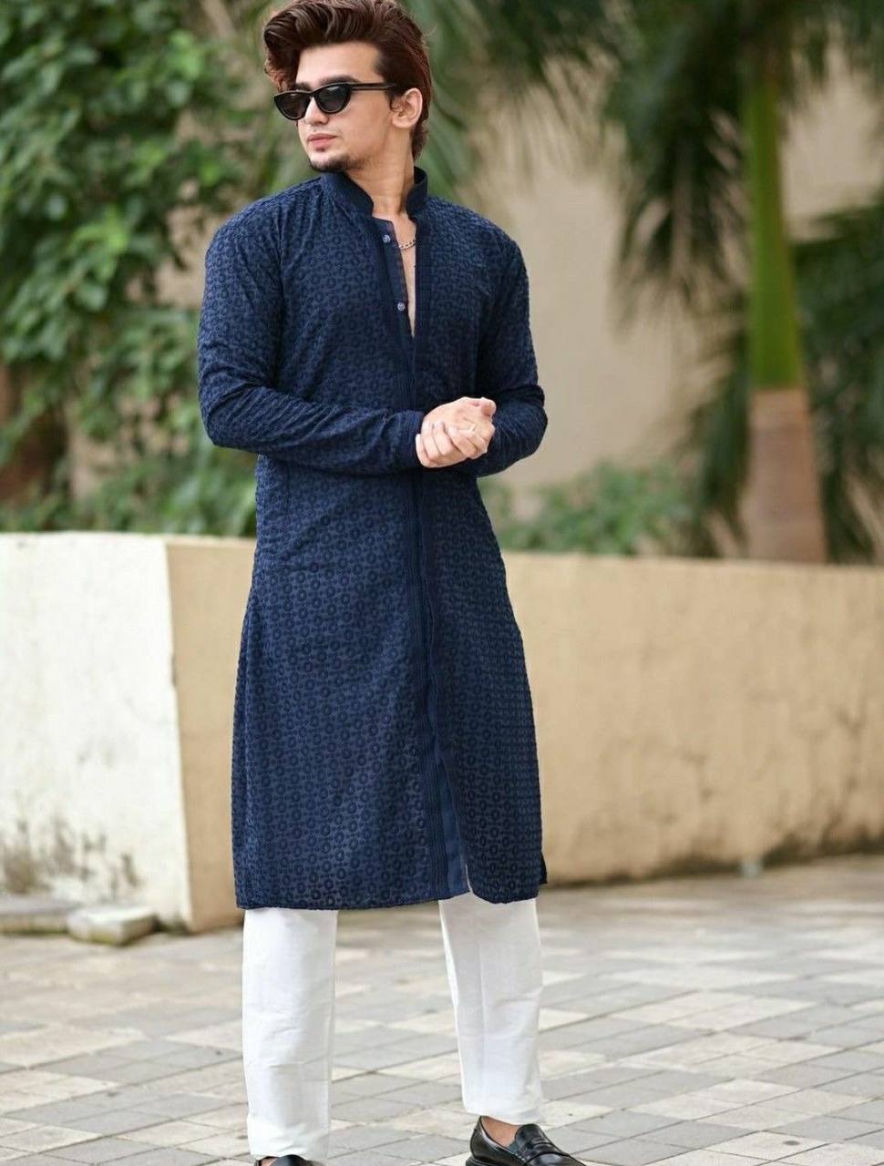 BORCELLE BLUE SCHIFFLI EMBRODERY KURTA WITH PAJAMA SET FOR MEN'S