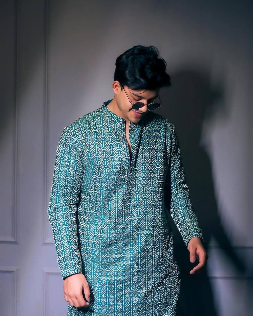 BORCELLE PEACOCK BLUE BROCADE DESIGN KURTA WITH OFF WHITE PAJAMA FOR MEN'S