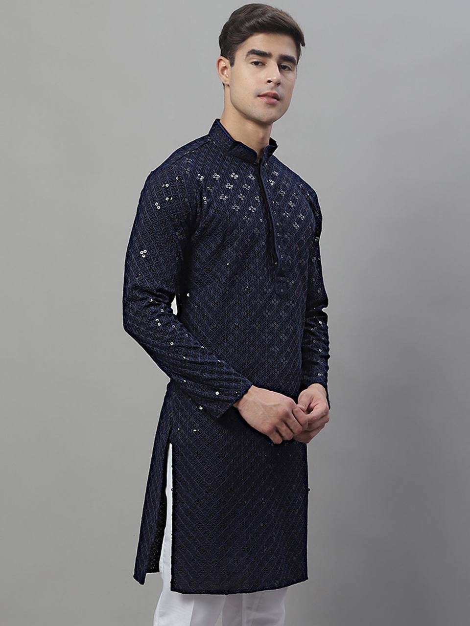 BORCELLE NAVY BLUE CHIKANKARI EMBROIDERED AND SEQUENCE KURTA WITH PAJAMA