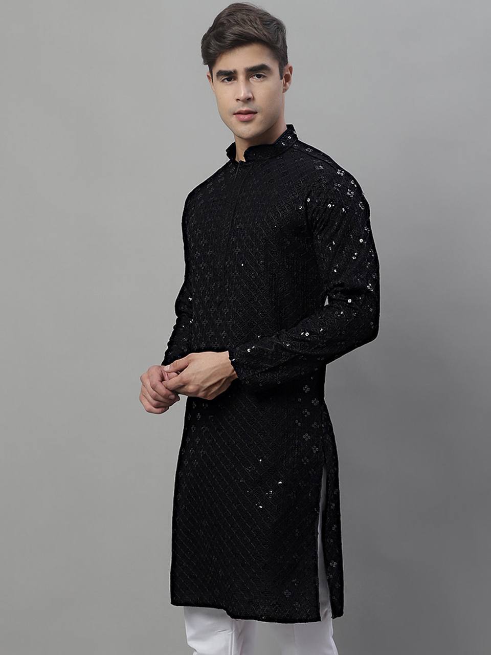 BORCELLE BLACK CHIKANKARI EMBROIDERED AND SEQUENCE KURTA WITH PAJAMA