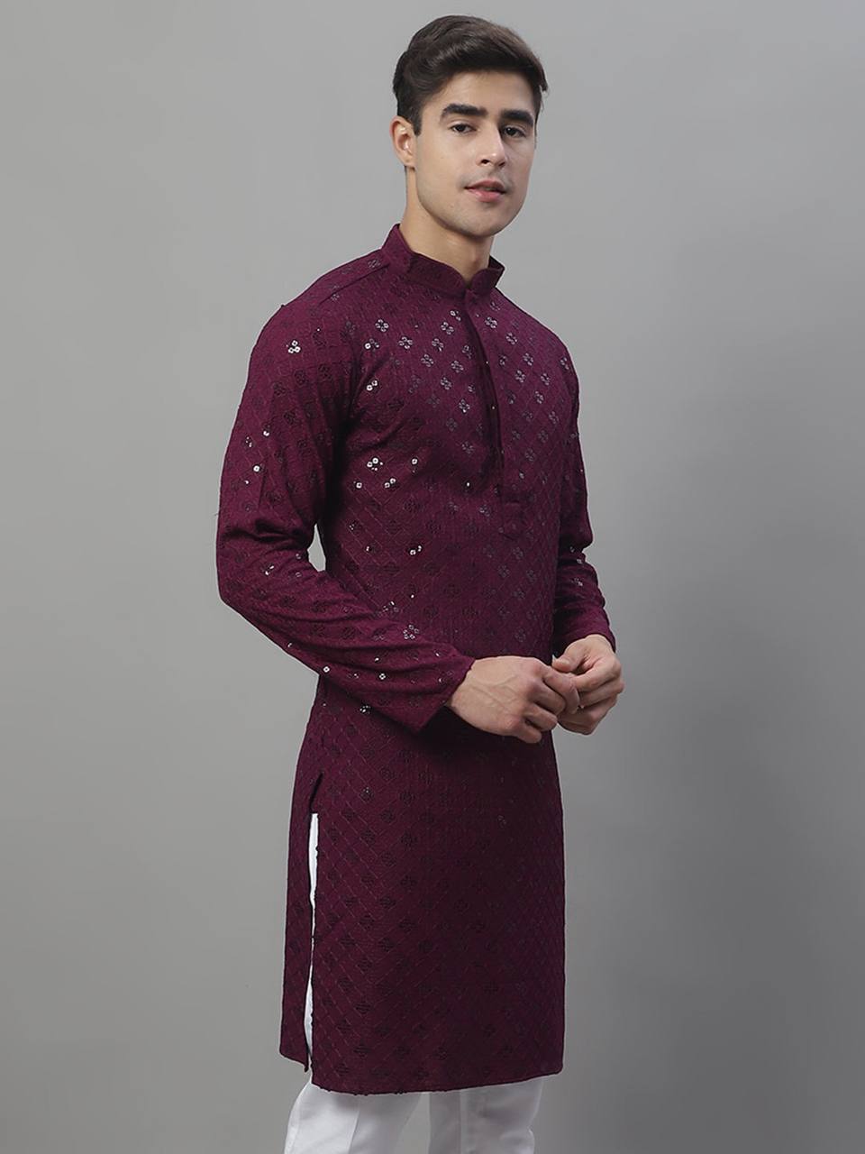 BORCELLE WINE CHIKANKARI EMBROIDERED AND SEQUENCE KURTA WITH PAJAMA