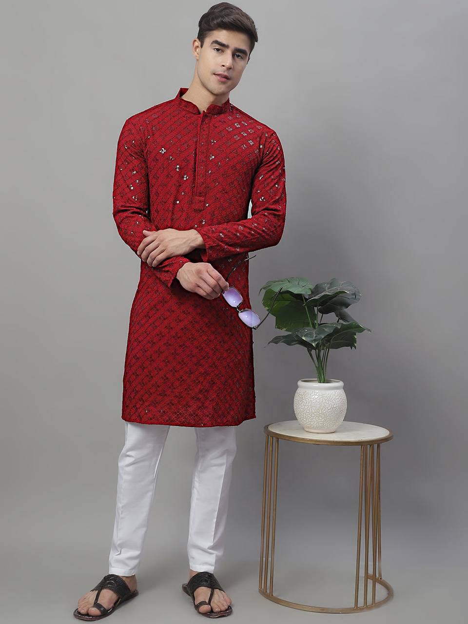 BORCELLE RED CHIKANKARI EMBROIDERED AND SEQUENCE KURTA WITH PAJAMA