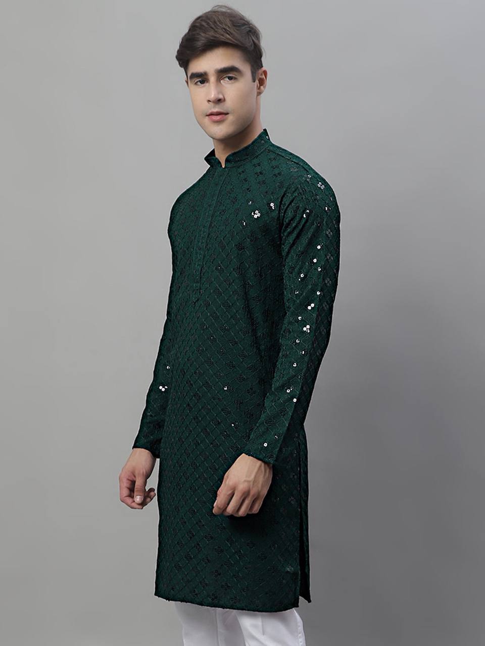 BORCELLE GREEN CHIKANKARI EMBROIDERED AND SEQUENCE KURTA WITH PAJAMA